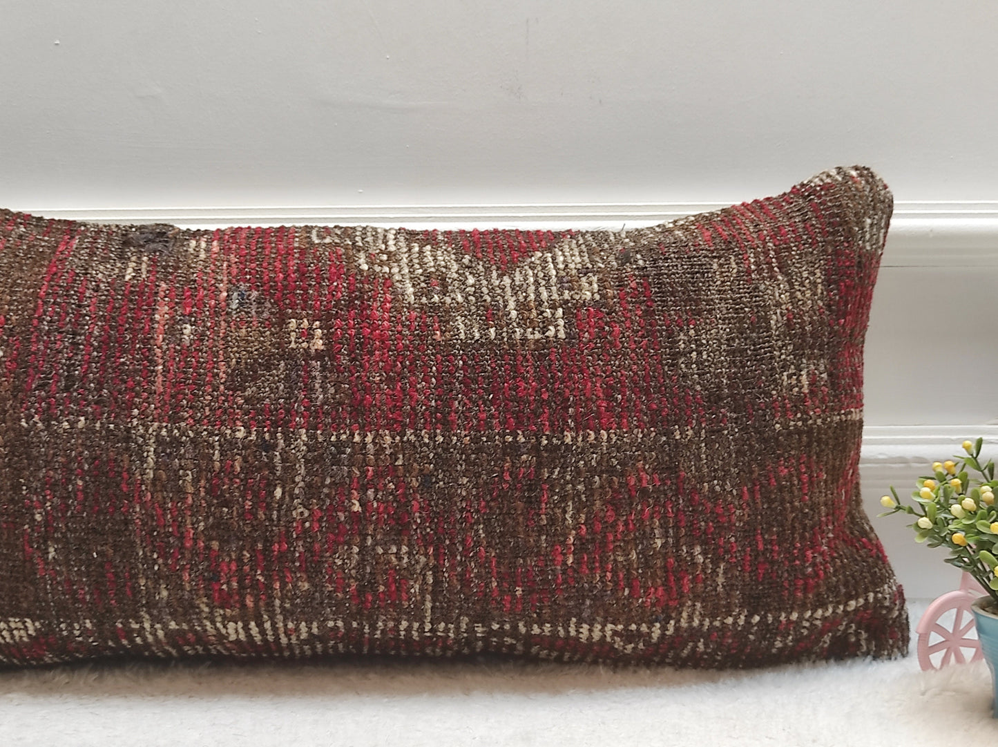 Handmade Turkish Kilim Lumbar Pillow Cover: Organic Wool, 12x24 inch