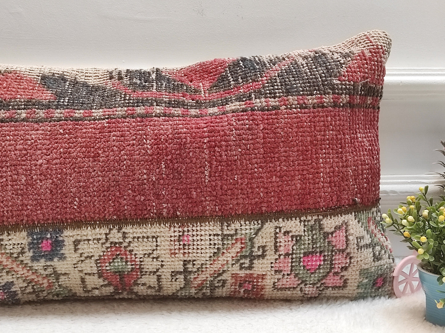 Handmade Kilim Pillow Cover: Red & Black Woven Rug, 12x24 inch