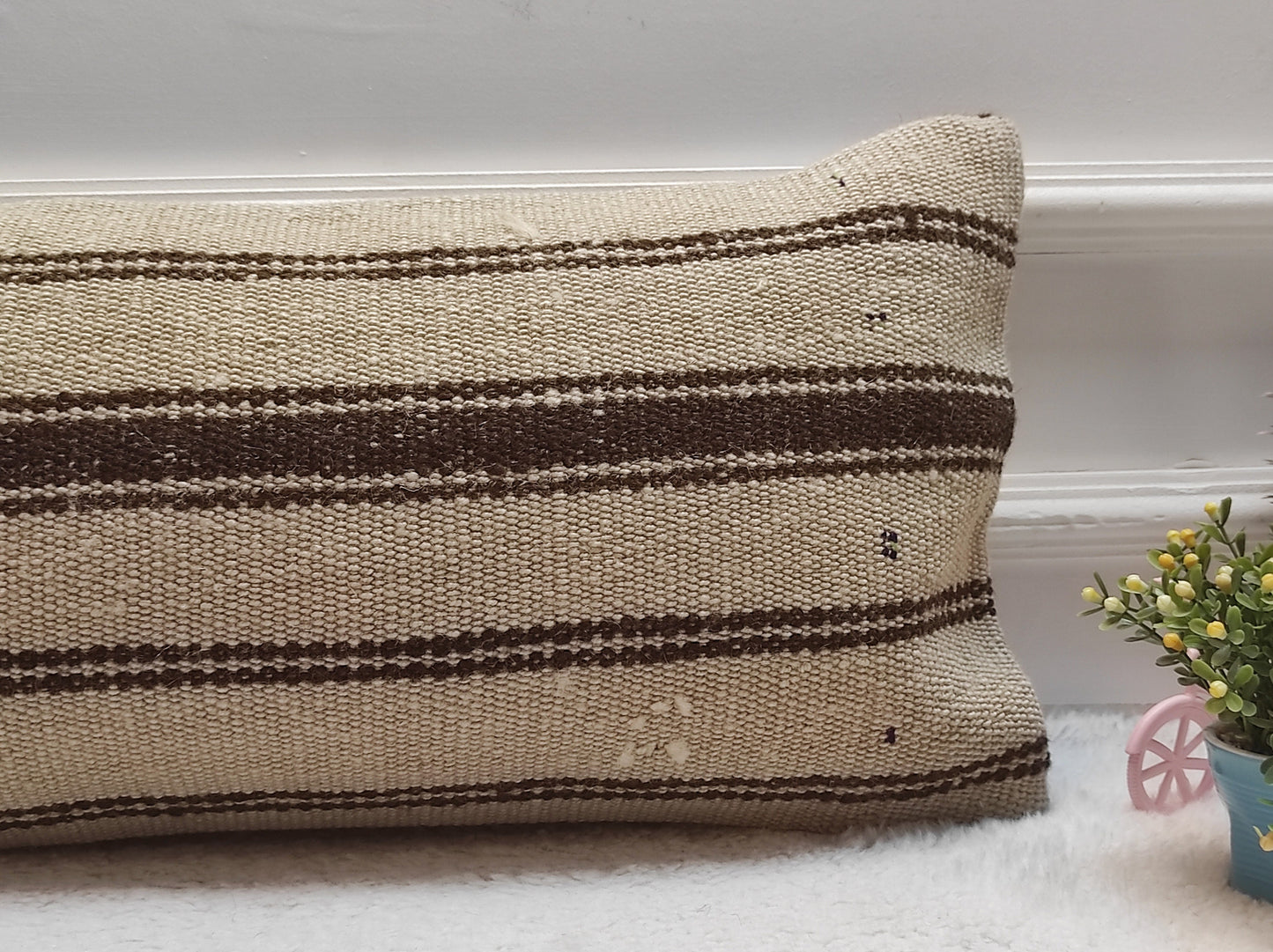 Handmade Kilim Lumbar Pillow Cover: Beige Brown Rug Pillow 12x24