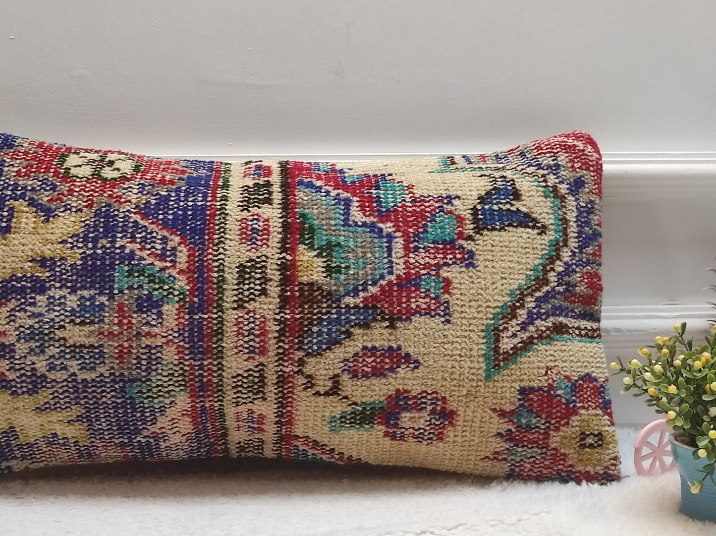 Handmade Kilim Pillow Cover: Upcycled Organic Wool Rug Pillow (12x24 inc)