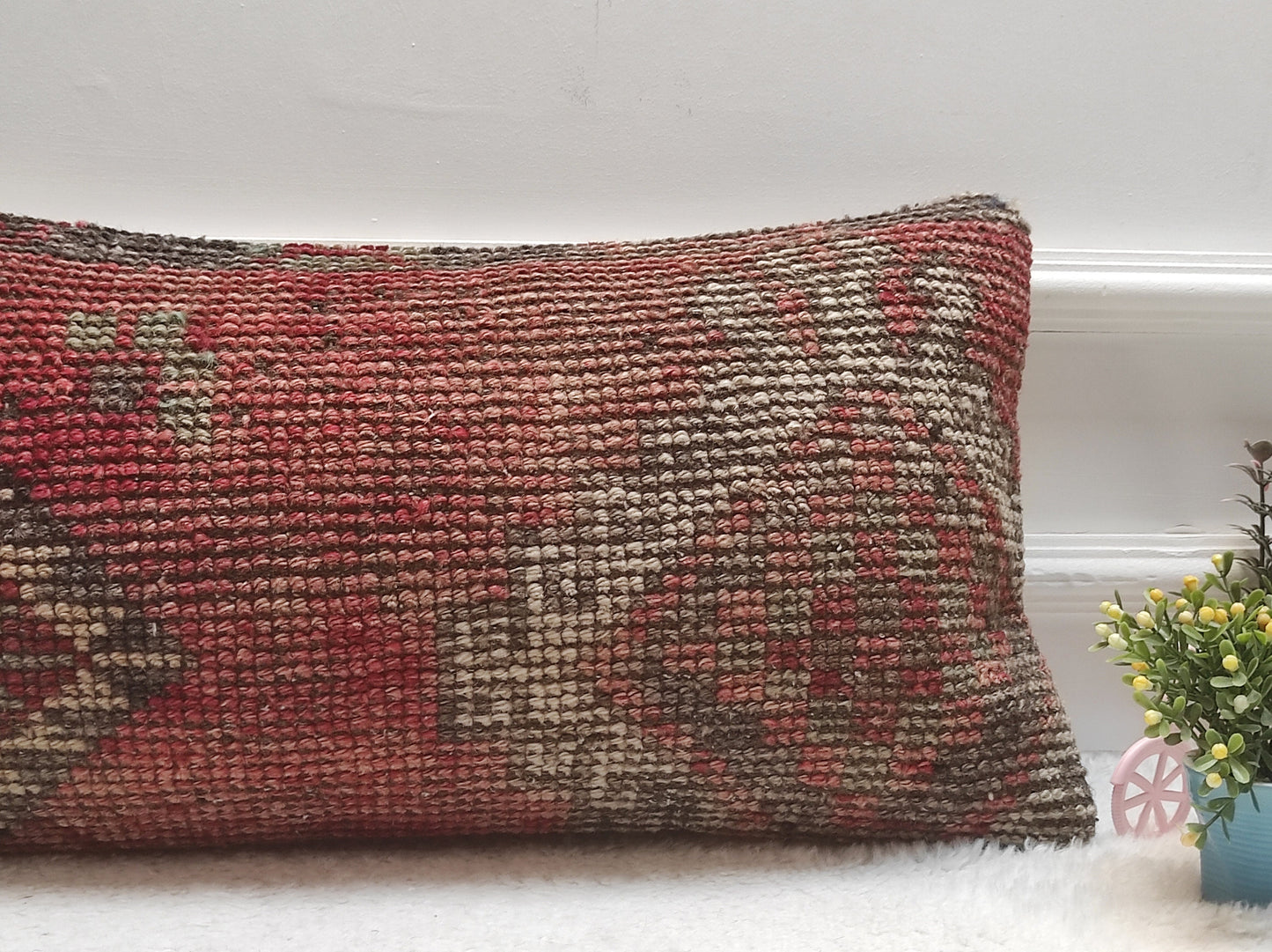 Handmade Red Kilim Lumbar Pillow Cover: Upcycled Woven Rug (12x24 in)