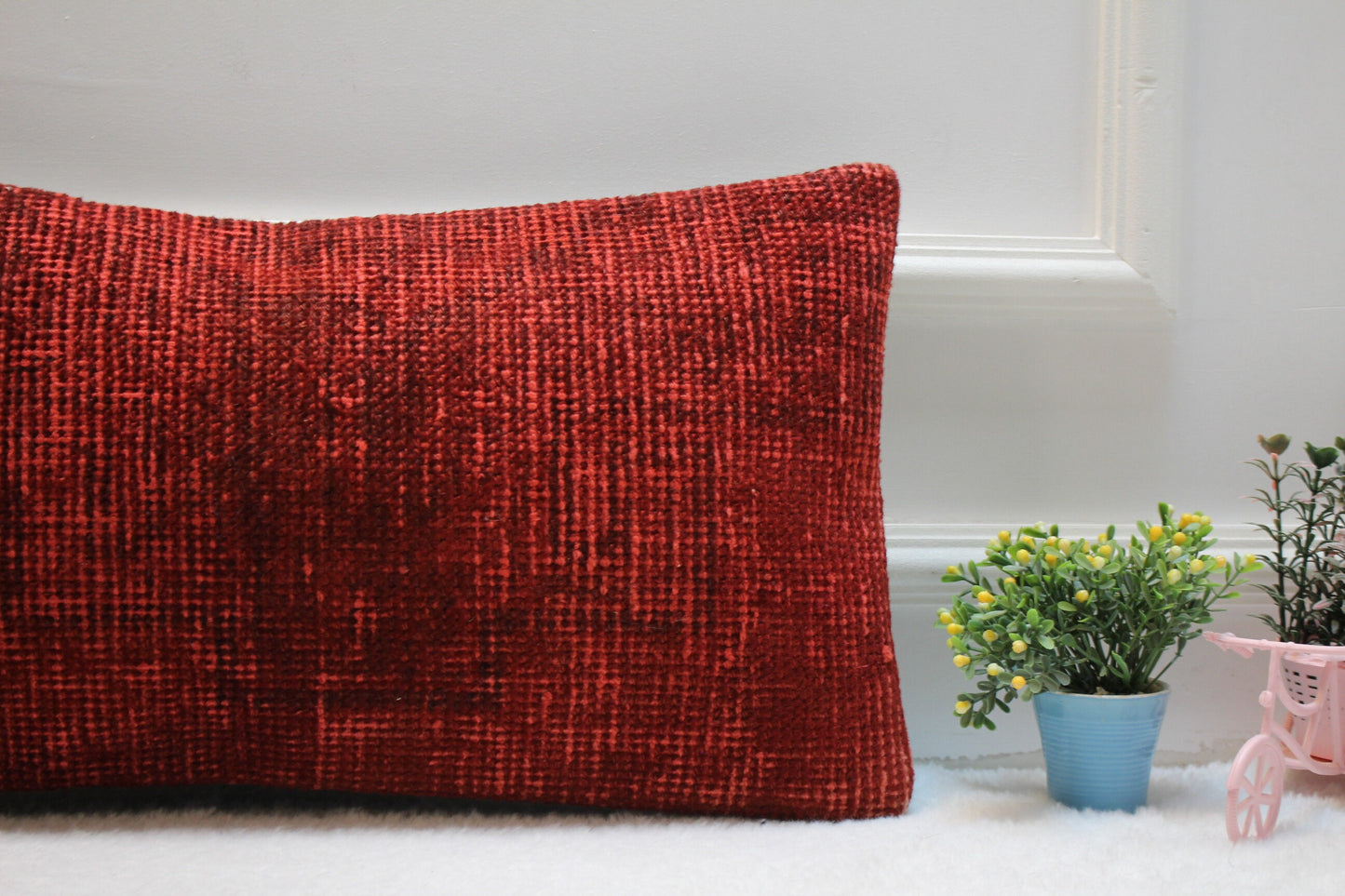 Red Turkish Kilim Lumbar Pillow – Handwoven Cushion Cover, 12x24 Inch