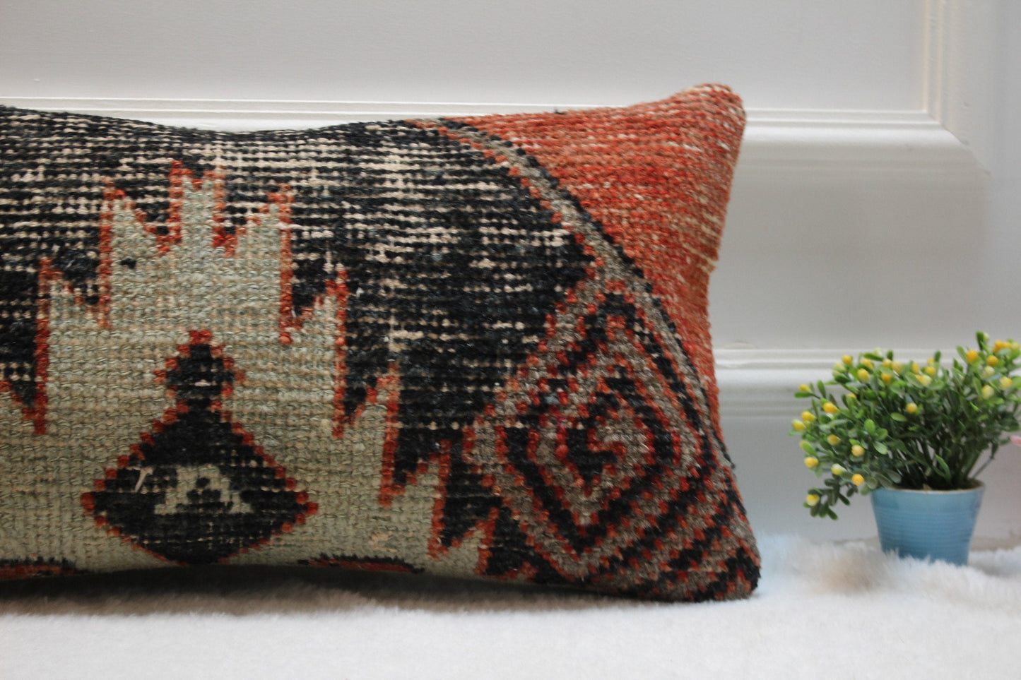 Handmade Kilim Lumbar Pillow – Upcycled Woven Rug Cushion Cover, 12x24 Inch