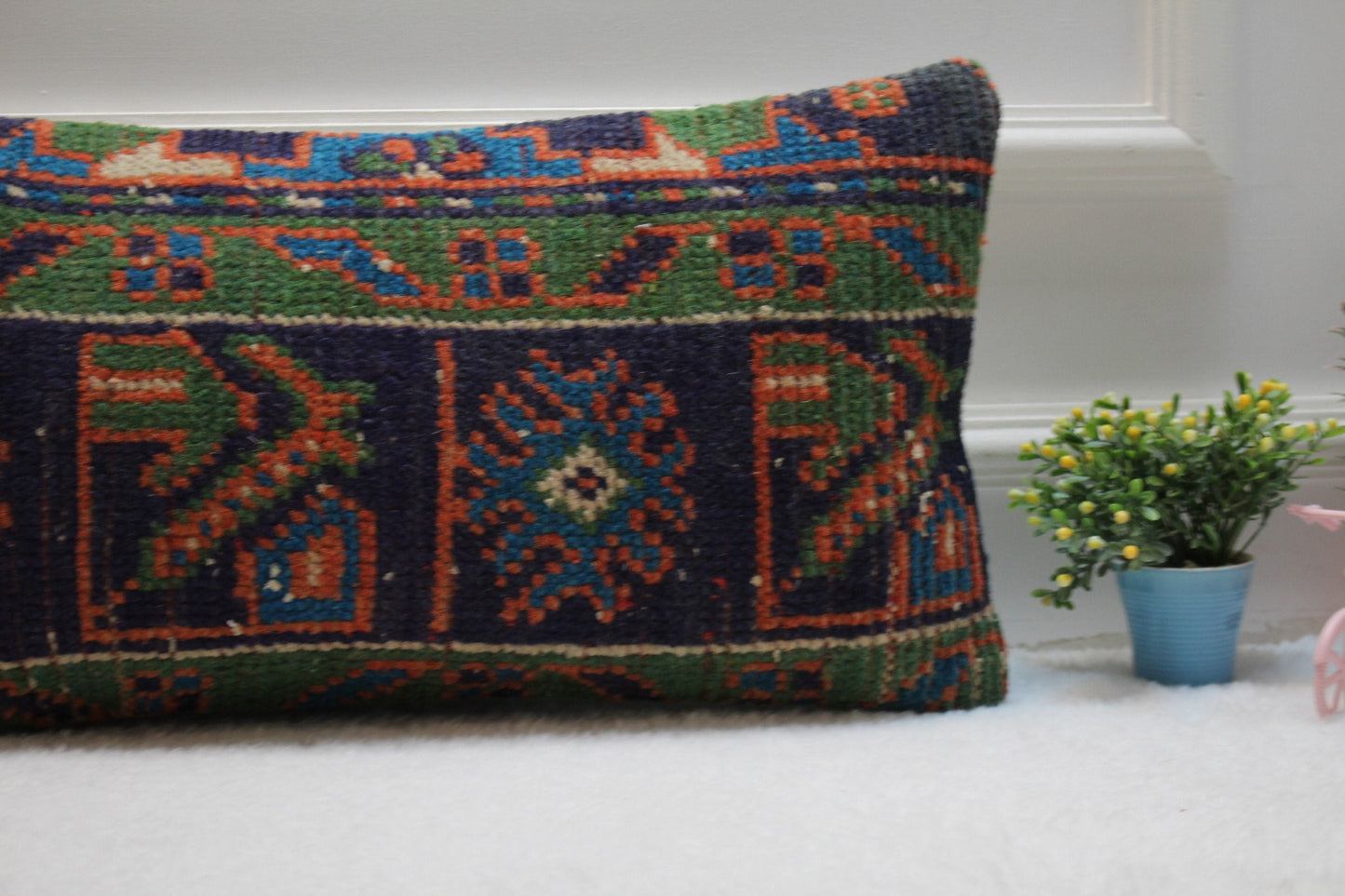 Handmade Kilim Lumbar Pillow Cover: Upcycled Woven Rug, Blue Orange Green (12X24 in)