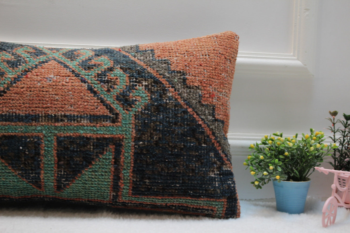 Orange Turkish Lumbar Pillow Cover: Upcycled Kilim Rug, 12x24 inc