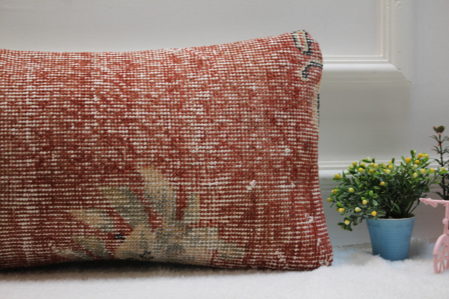 Handmade Red Kilim Lumbar Pillow Cover: Upcycled Woven Rug, 12x24 inch