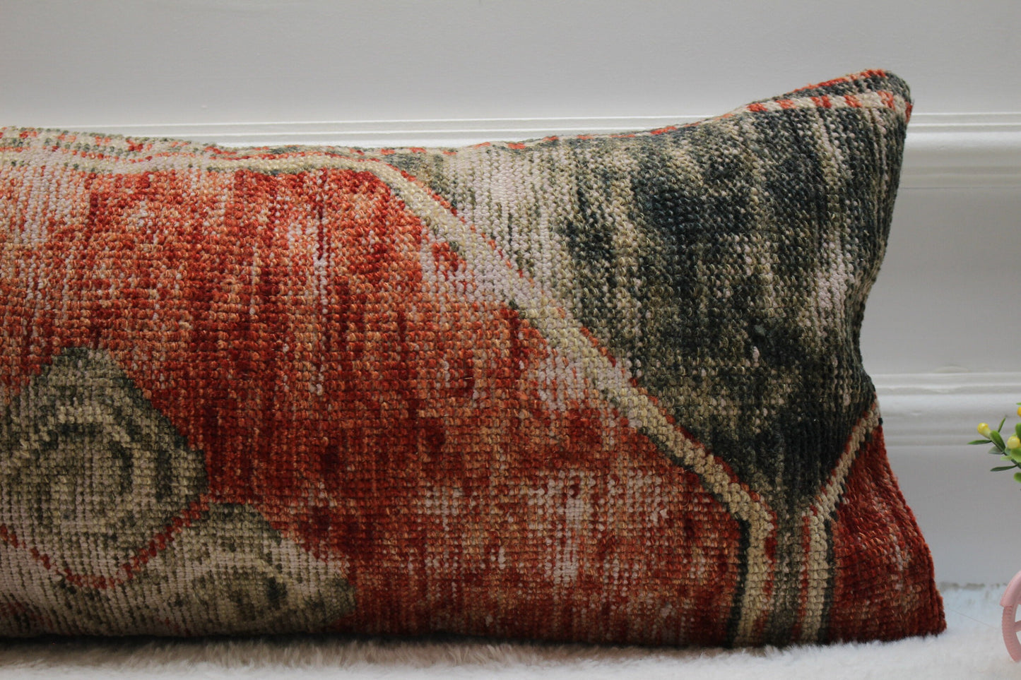 Handmade Turkish Rug Lumbar Pillow: Red Vintage Kilim Pillow Cover (12x24 in)