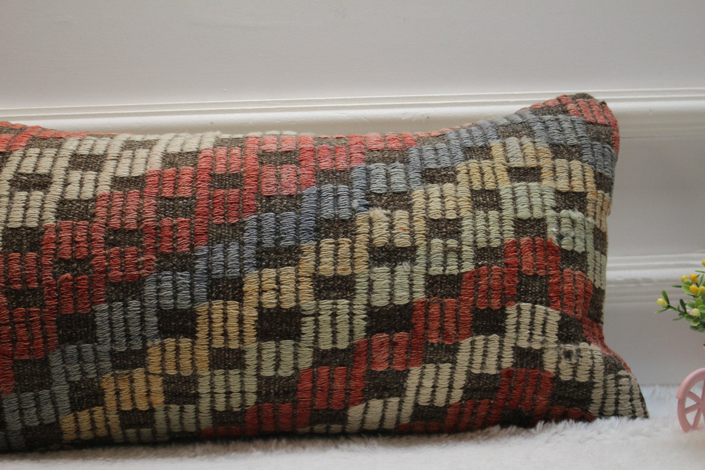 Geometric Kilim Lumbar Pillow Cover: Organic Wool, Rainbow Colors (12x24 in)