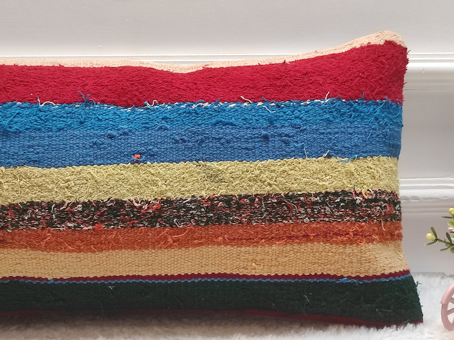 Rainbow Kilim Lumbar Pillow Cover: Upcycled Boho Decor (12x24 in)