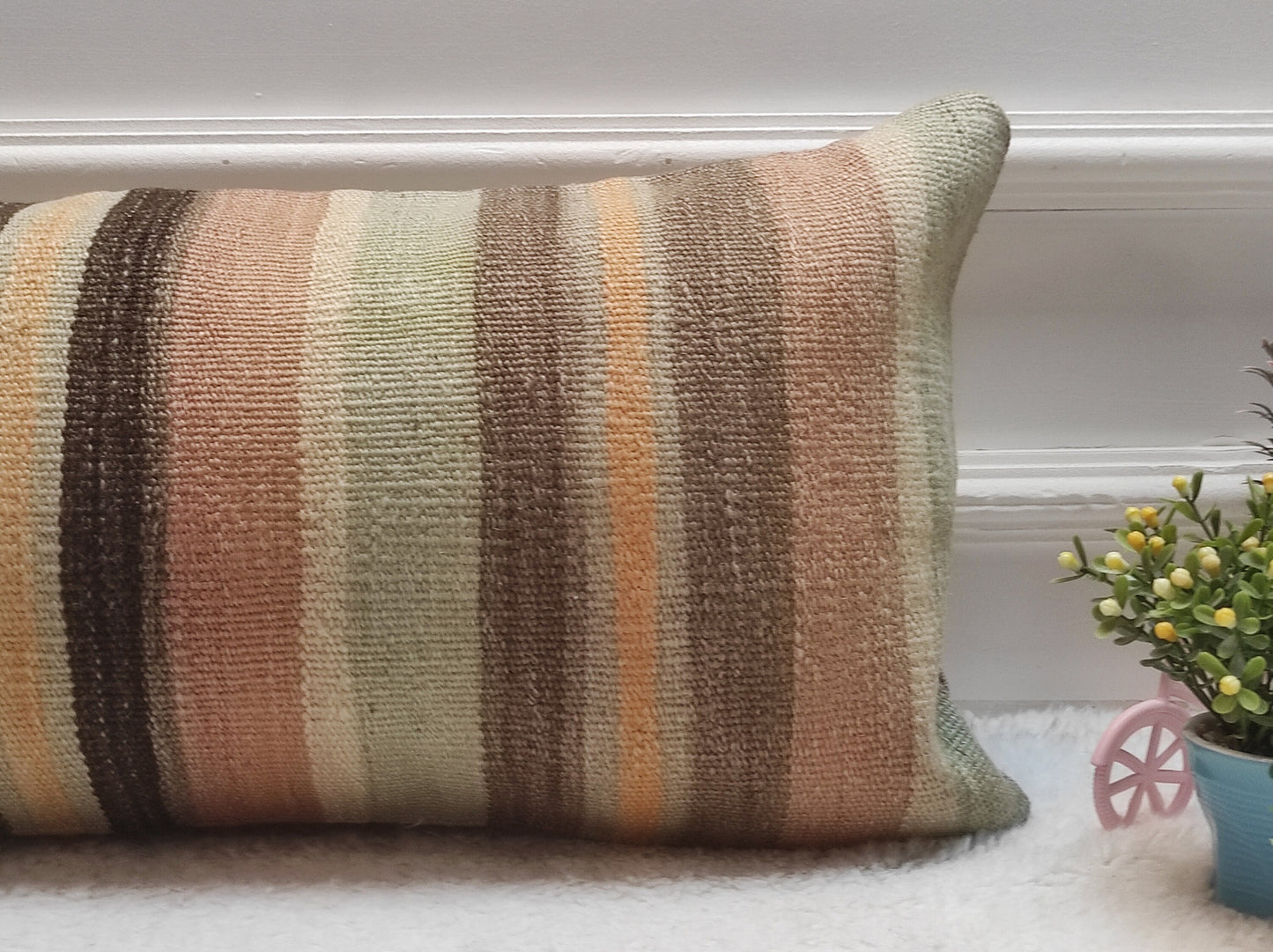 Handmade Striped Kilim Pillow Cover: Boho Lumbar Cushion (12x24 in)