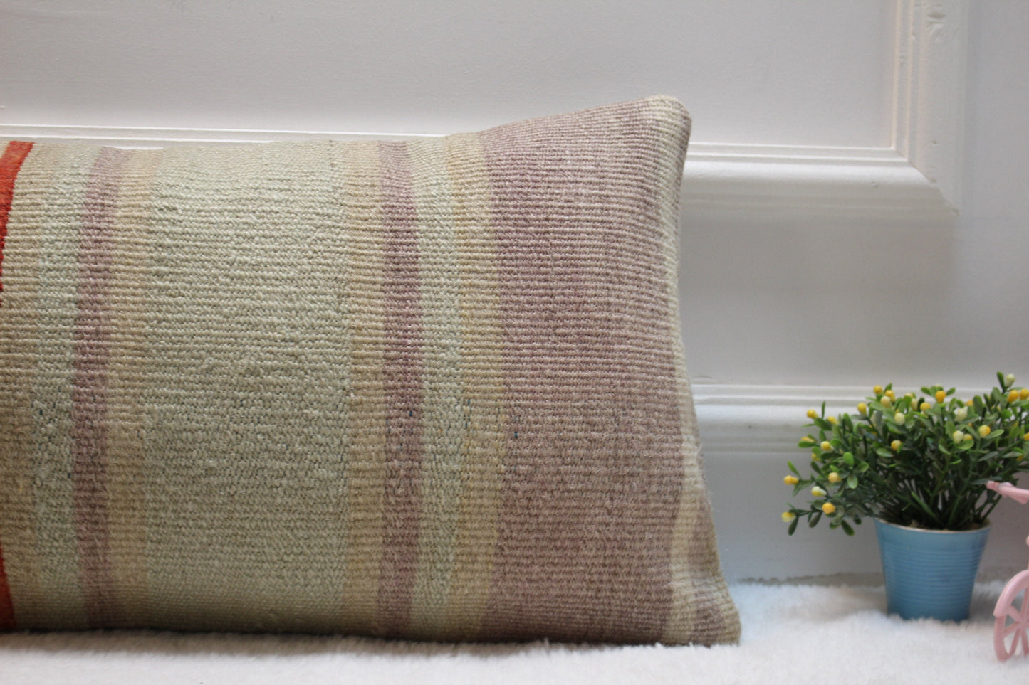 Handmade Wool Kilim Lumbar Pillow Cover: 12x24 inc, Upcycled Rug