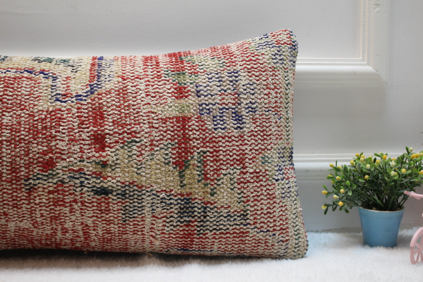 Handmade Turkish Rug Lumbar Pillow Cover: Upcycled Woven Wool (12x24 in)