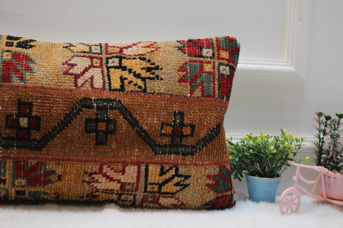 Handmade Turkish Rug Lumbar Pillow Cover: Upcycled Kilim, 12x24 inch