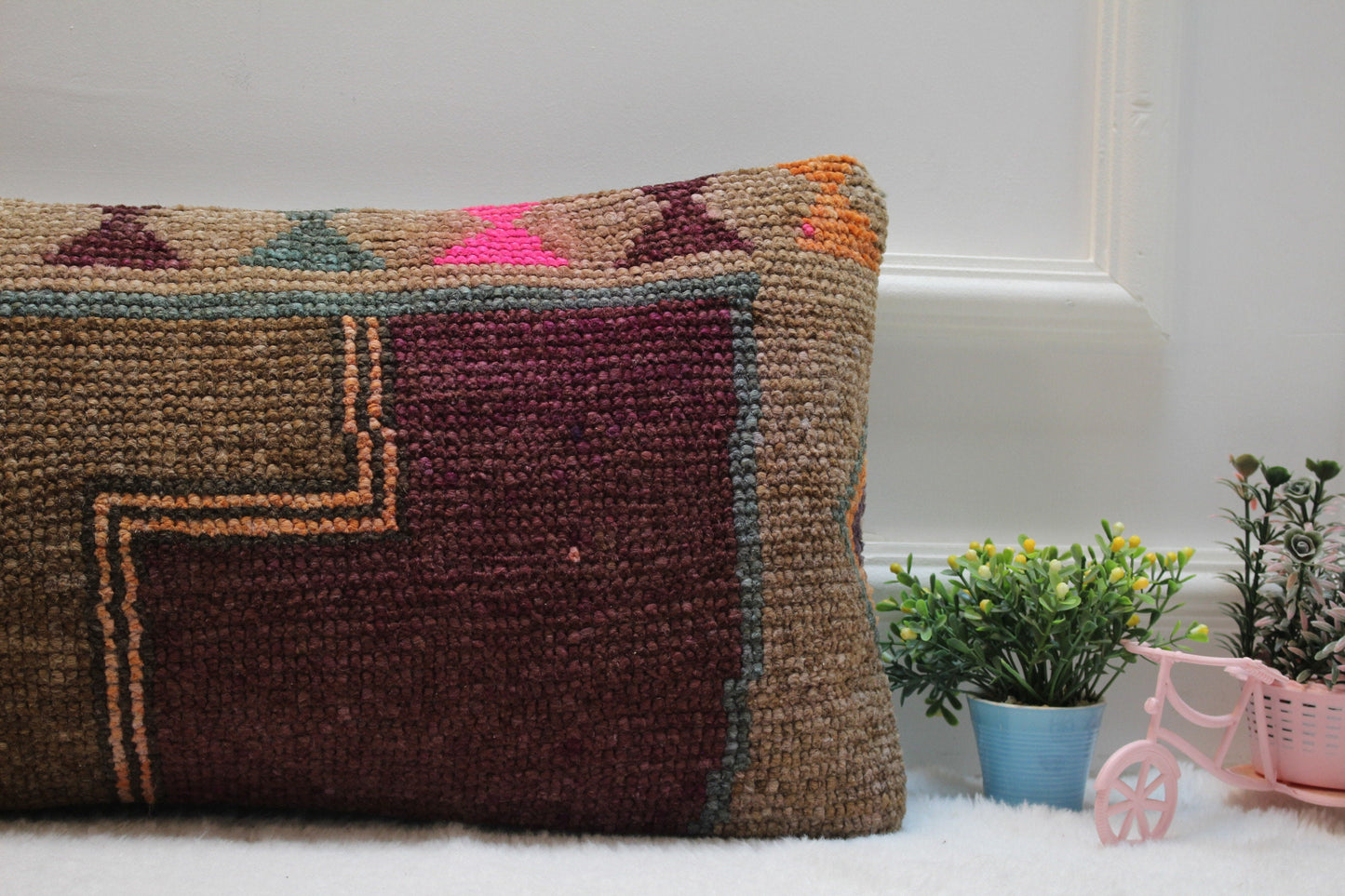 Handmade Kilim Lumbar Pillow Cover: Purple & Brown Rug Pillow (12x24 in)