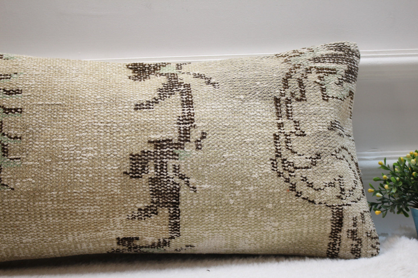Handmade Turkish Kilim Lumbar Pillow Cover: Upcycled Rug, 12x24 inch