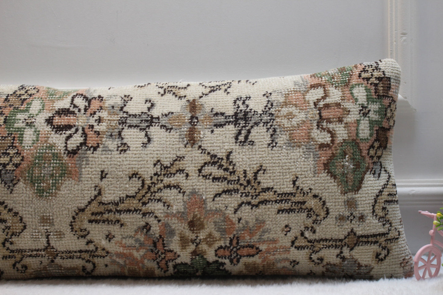 Floral Kilim Pillow Cover: Handmade Organic Wool Lumbar Pillow (12x36 inc)