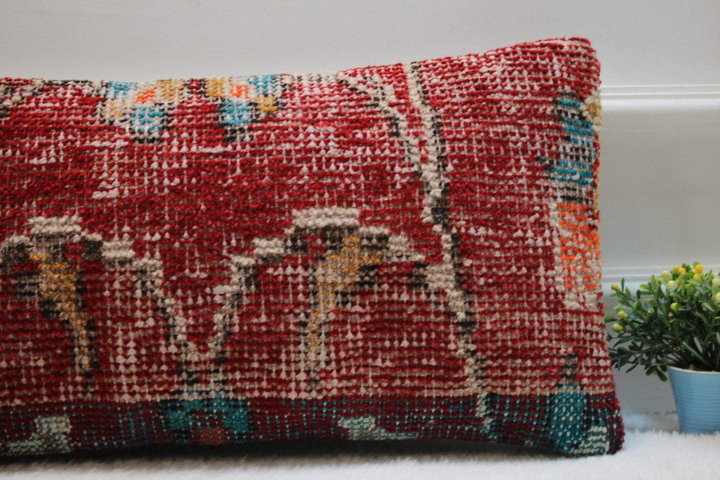 Handmade Turkish Rug Lumbar Pillow Cover: Red Organic Wool (12x24 in)