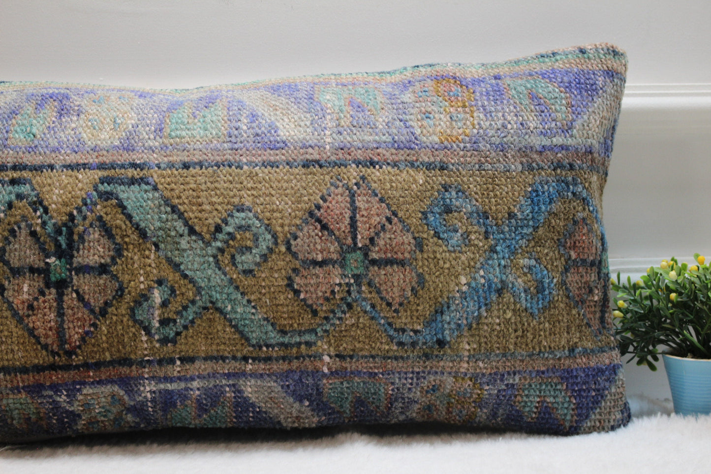 Geometric Rug Pillow: Vintage Turkish Kilim Lumbar Pillow (12x24 inc)