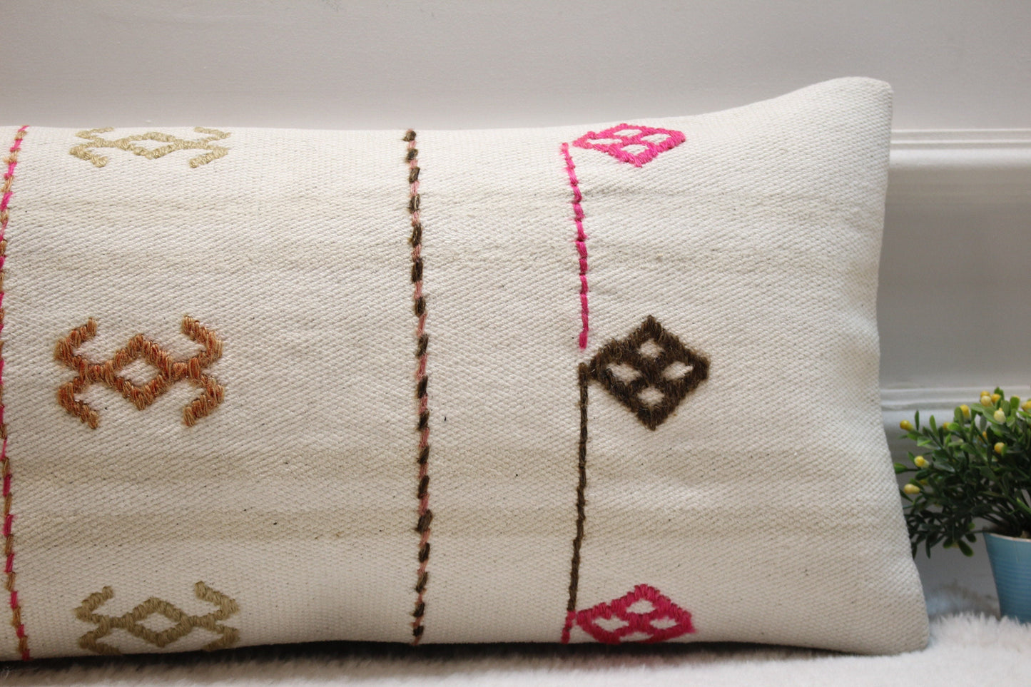Handmade Turkish Kilim Lumbar Pillow Cover: 12x24 inc, Bohemian Decor