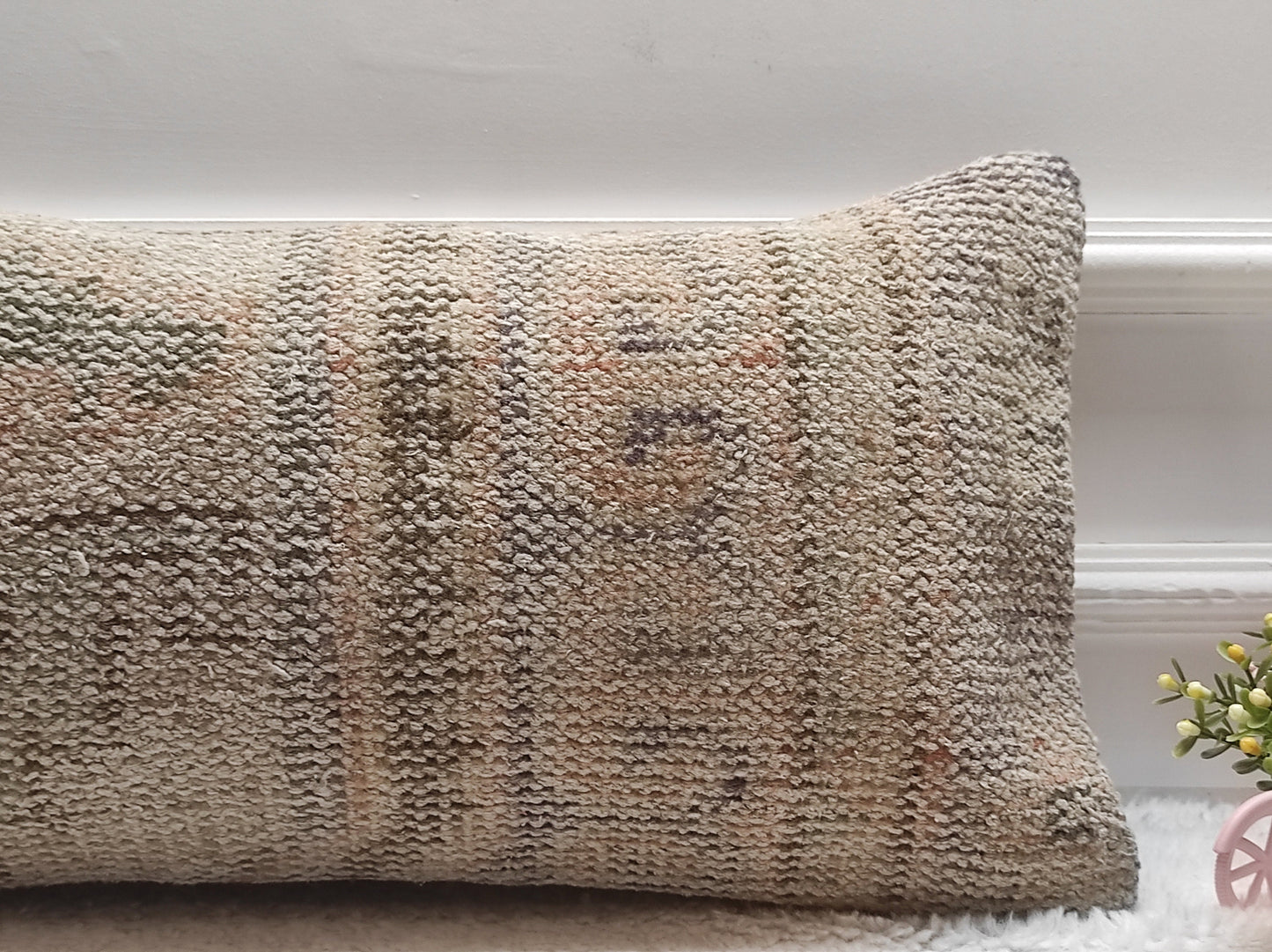 Handmade Beige Kilim Lumbar Pillow Cover: Turkish Boho Decor (12x24 inc)