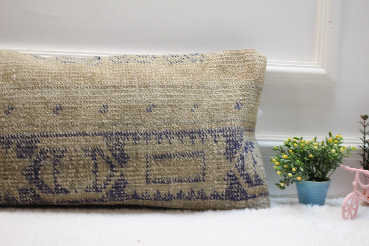 Handmade Beige Kilim Lumbar Pillow Cover: Upcycled Woven Rug, 12x24 inc