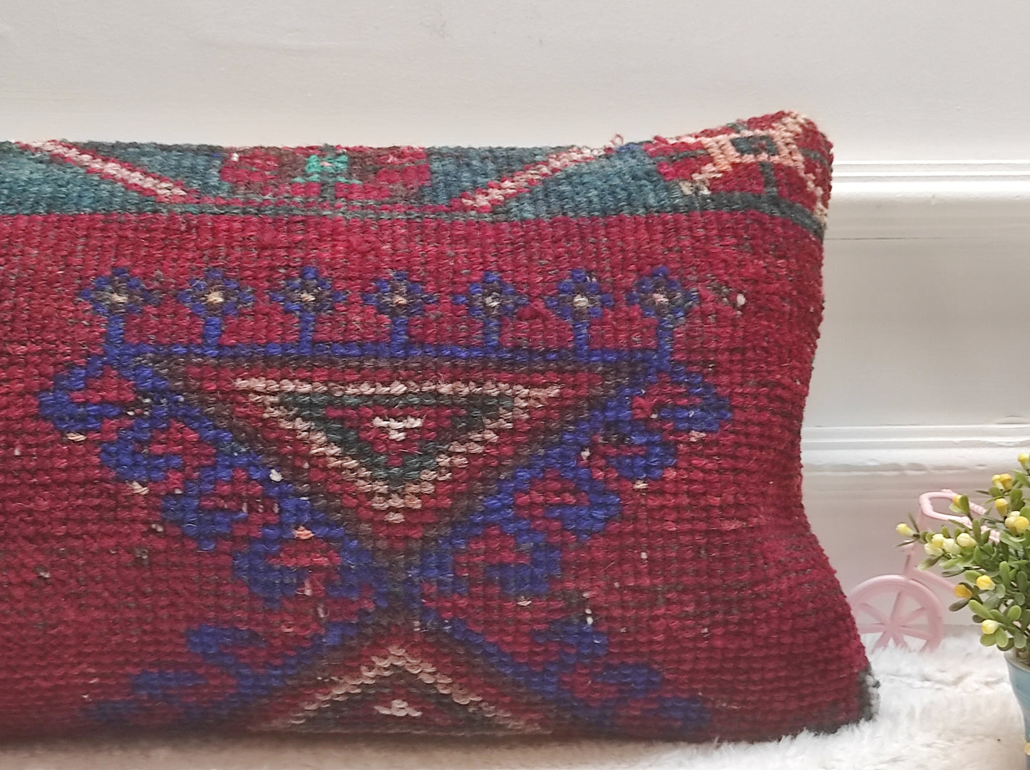 Handmade Kilim Lumbar Pillow Cover: Red & Blue Boho Throw Pillow (12x24 in)