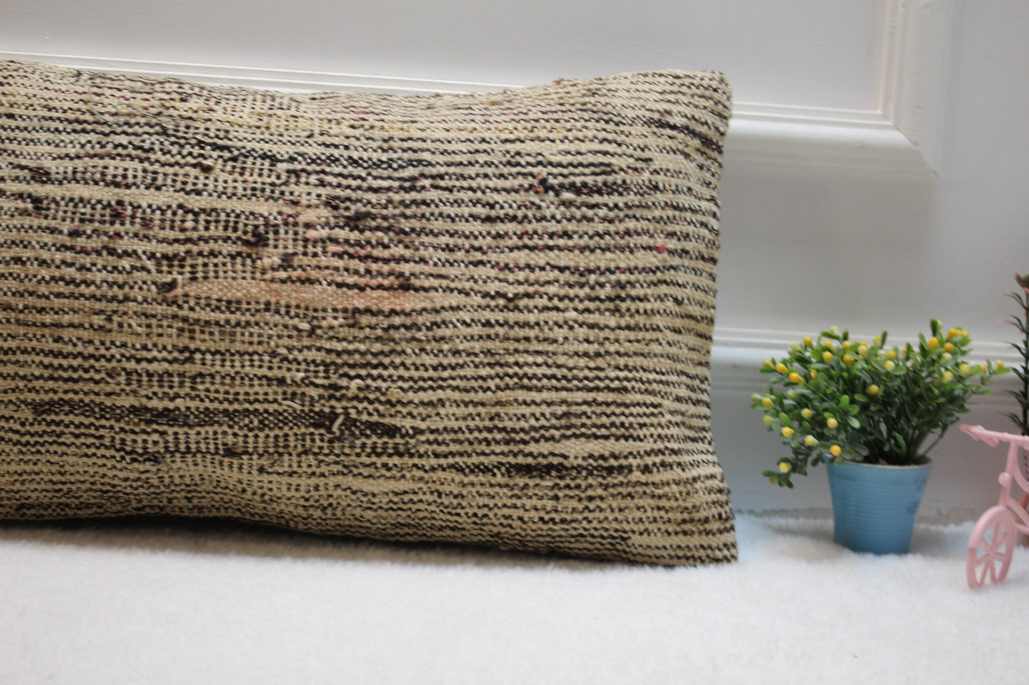 Handmade Beige Kilim Pillow Cover: Upcycled Woven Rug, 12x24 inch