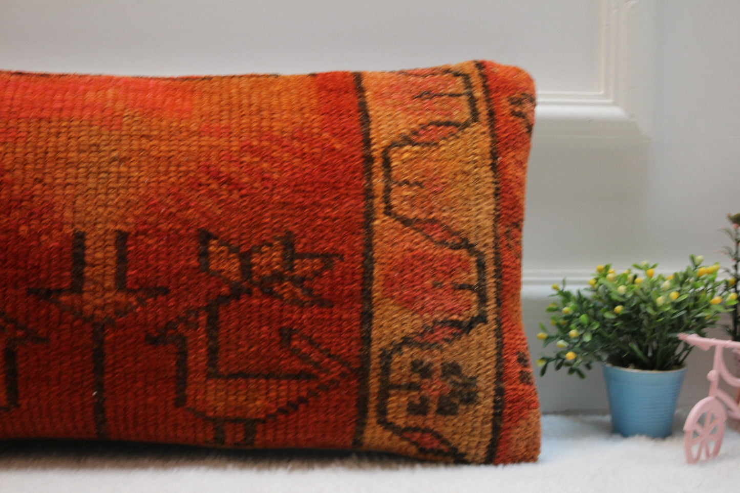 Handmade Wool Lumbar Pillow Cover: Turkish Rug, Boho Design (12x24 inc)
