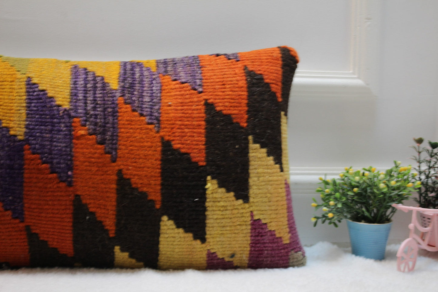 Geometric Kilim Pillow Cover: Rainbow Wool Lumbar Pillow, 12x24