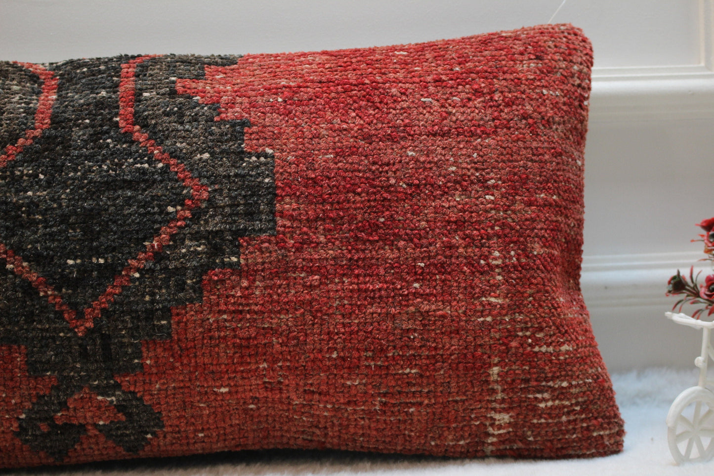 Handmade Kilim Pillow Cover: Red & Black Woven Rug Pillow (12x24 inc)