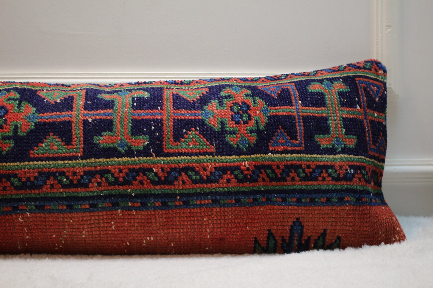 Handmade Geometric Kilim Lumbar Pillow Cover: Upcycled Turkish Rug, 12x36 inch