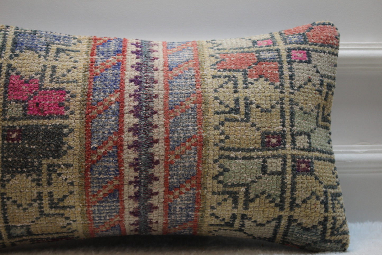 Handmade Turkish Rug Lumbar Pillow: Organic Wool Throw Pillow Case (12x20 inc)