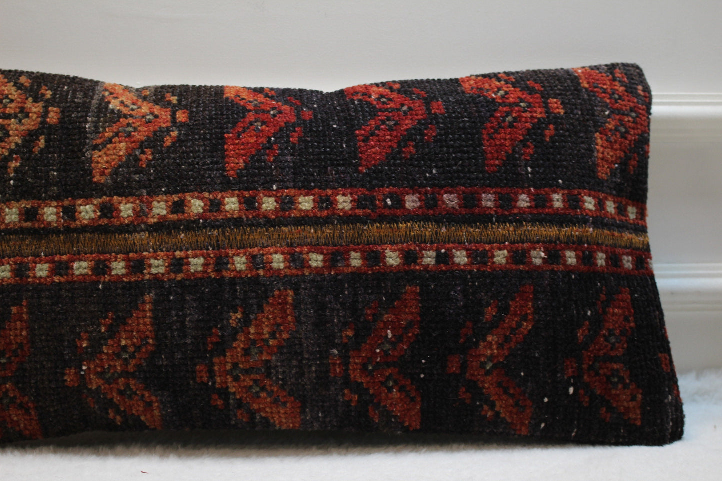 Vintage Turkish Kilim Pillow Cover: 12x24 inch, Upcycled Wool Lumbar Pillow