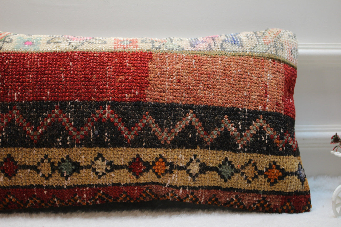 Boho Lumbar Kilim Pillow – 12x24” Handmade Cushion from Upcycled Turkish Rug