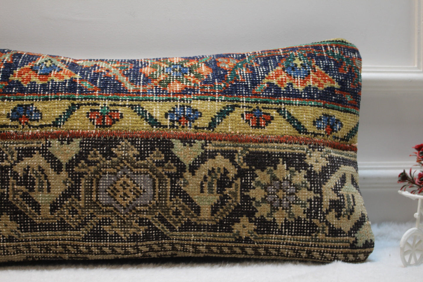 Handmade Kilim Pillow Cover: Upcycled Wool Rug, Bohemian Decor (12X24 inc.)