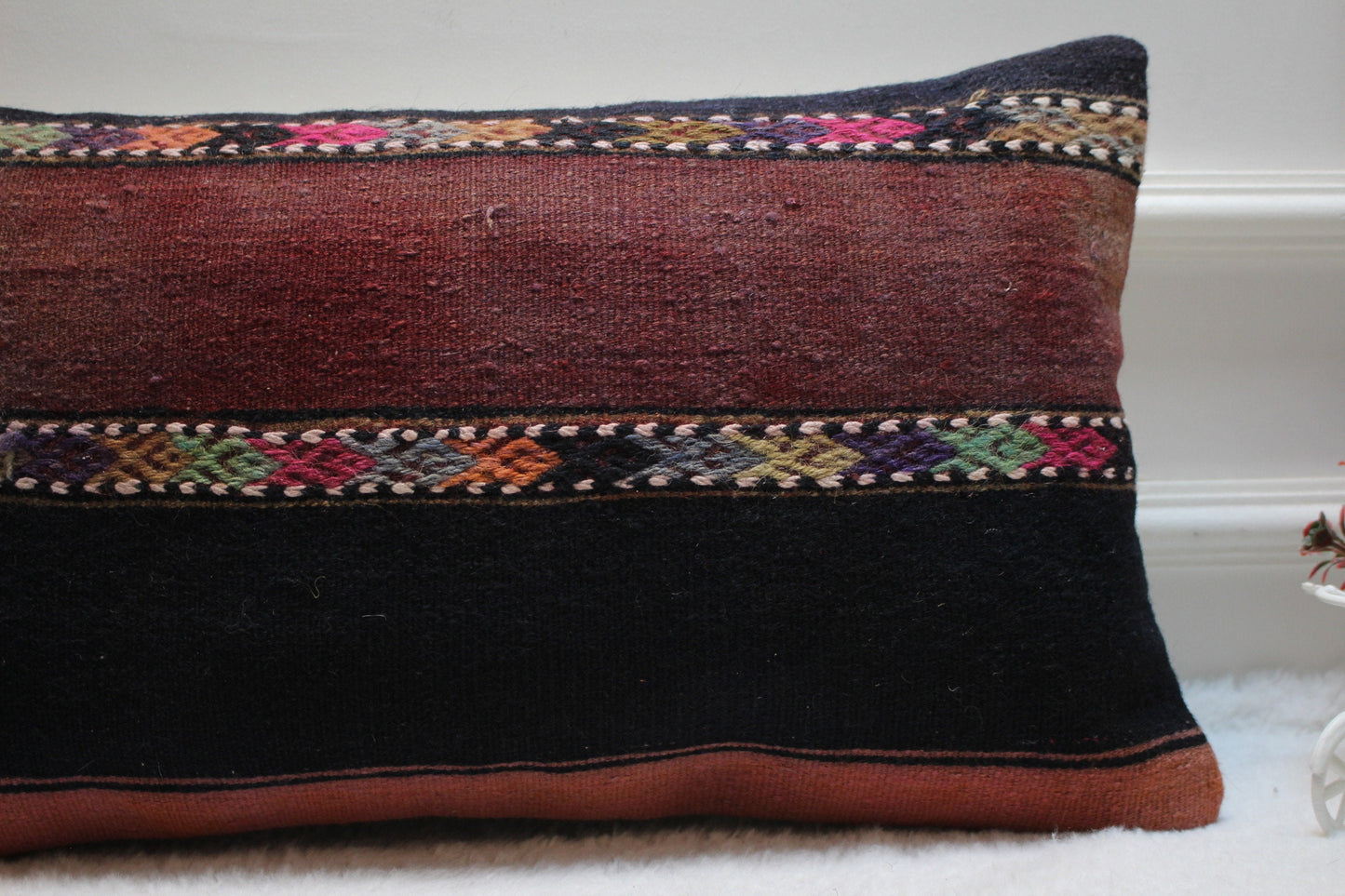 Handmade Kilim Pillow Cover: Upcycled Woven Rug, Bohemian Decor (12x24)