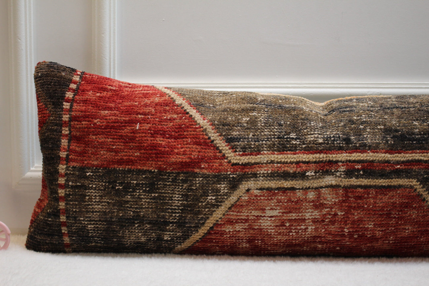 Handmade Turkish Kilim Pillow Cover: Red Black Lumbar Pillow (12x36 in)