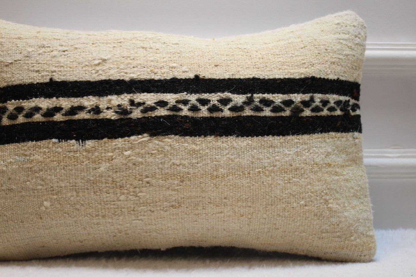 Handmade Kilim Pillow Cover: Upcycled Woven Rug, White & Black (12x20 in)