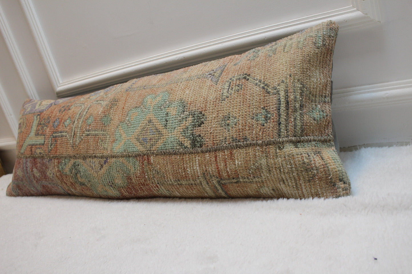 Handmade Kilim Lumbar Pillow Cover: Upcycled Woven Rug, 12x36 inch