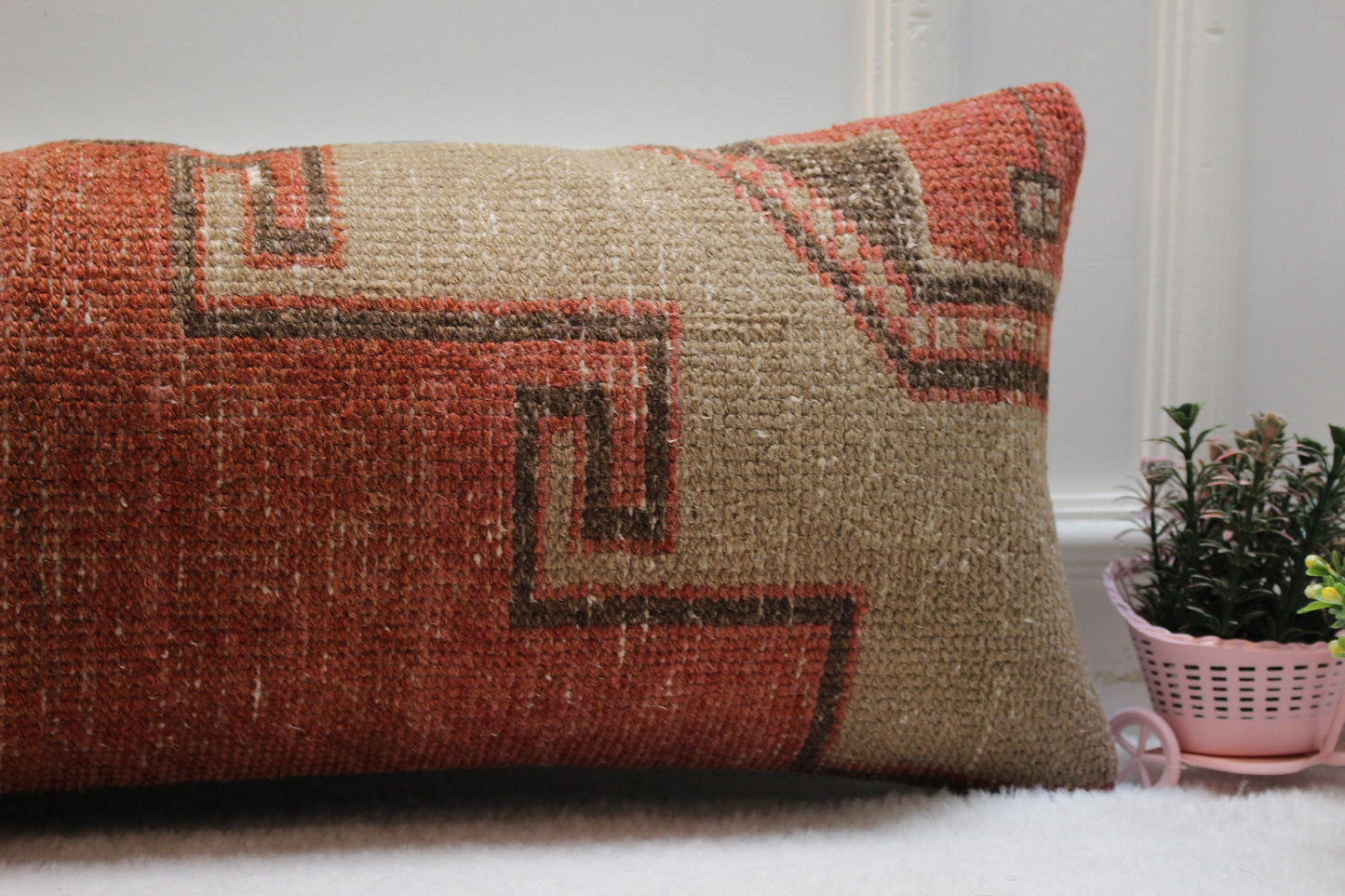 12x36 Lumbar Kilim Pillow Cover: Red Beige Woven Rug