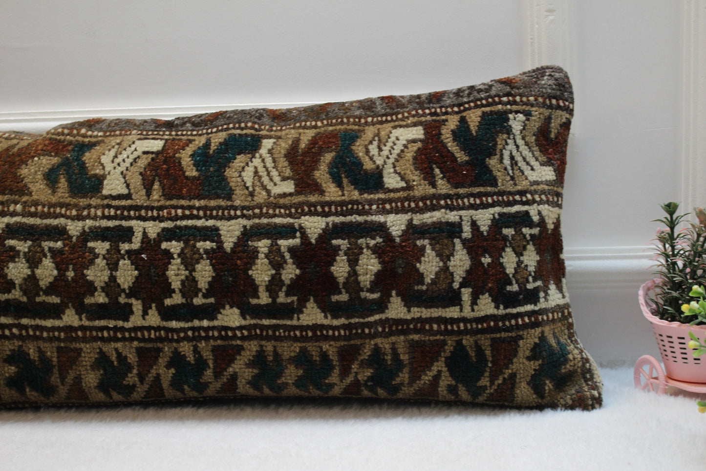 Handmade Lumbar Kilim Pillow Cover: Organic Wool, Geometric Brown (12x36 in)