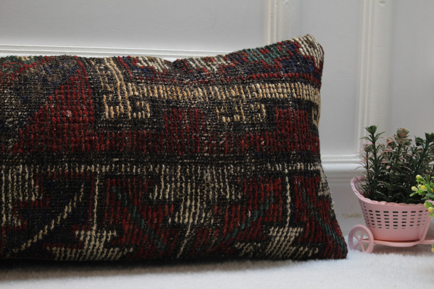 Handmade Kilim Lumbar Pillow Cover: Red Beige Vintage Rug, 12x36 inch