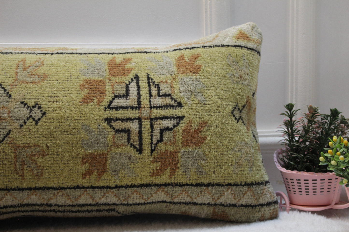 Handmade Turkish Rug Lumbar Pillow Cover: Geometric Boho Decor (12x36 inc)