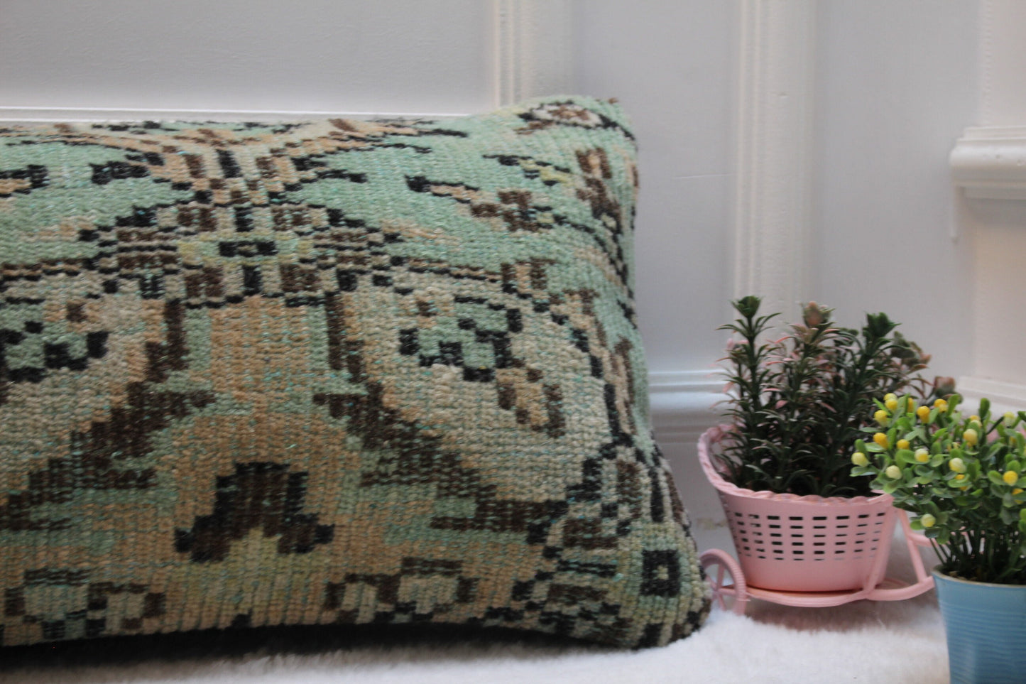Green Floral Turkish Rug Pillow: Vintage Lumbar Pillow Cover (12x36 inc)