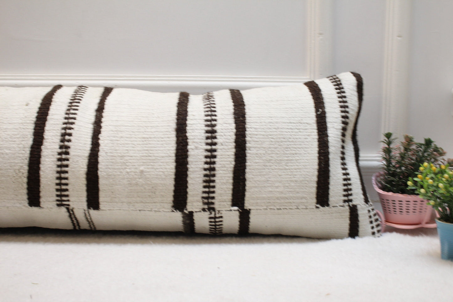 Handmade Kilim Lumbar Pillow Cover: Black & White Striped Woven Rug (12x36 in)