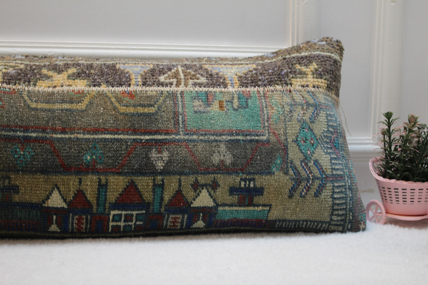 Handmade Turkish Rug Pillow Cover: Upcycled Kilim Lumbar Pillow (12x36 inc.)