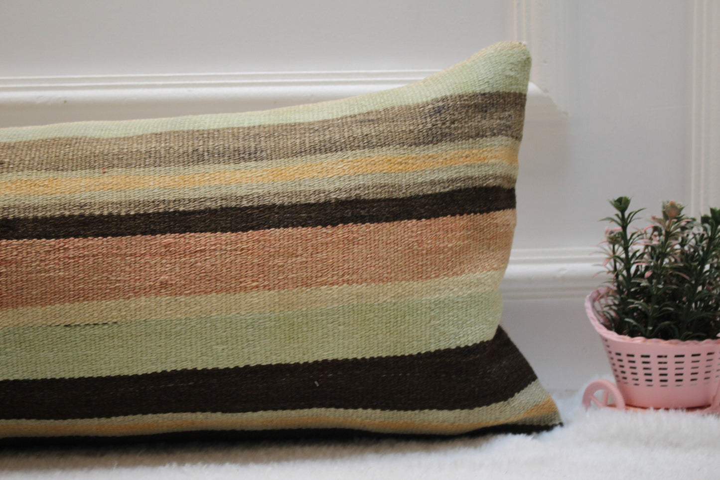 Striped Kilim Lumbar Pillow Cover: 12x36 inch, Upcycled Woven Rug