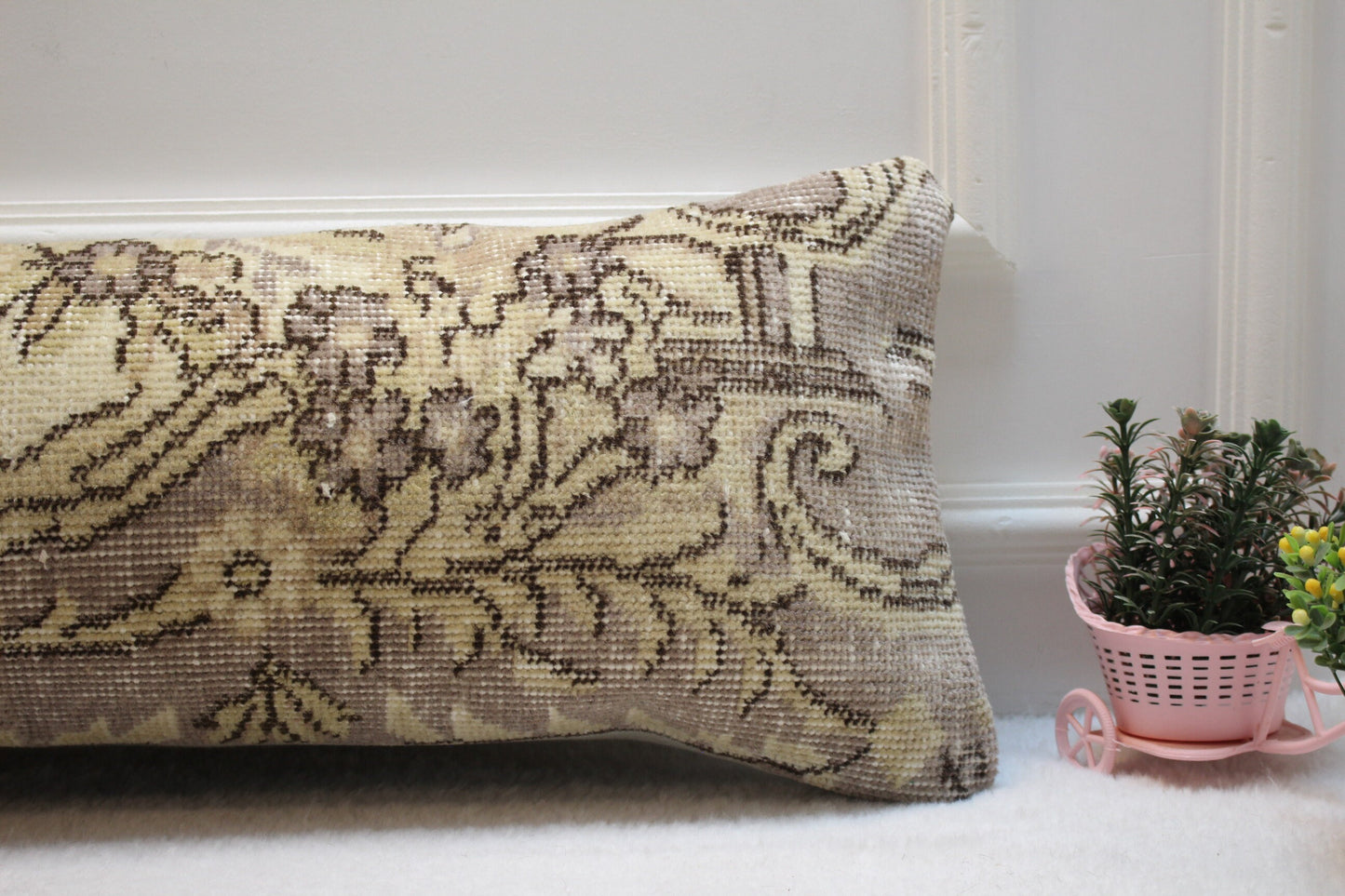Handmade Floral Kilim Lumbar Pillow Cover: Upcycled Rug, 12x36 inch