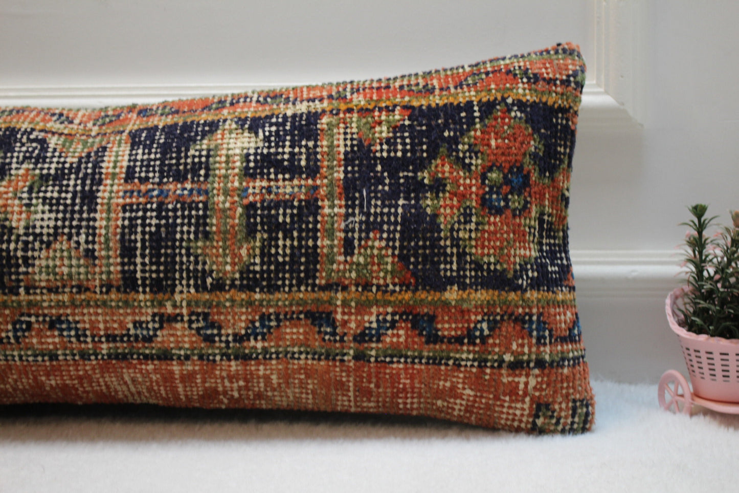 Geometric Turkish Rug Lumbar Pillow Cover: Vintage Woven Wool, 12x36 in