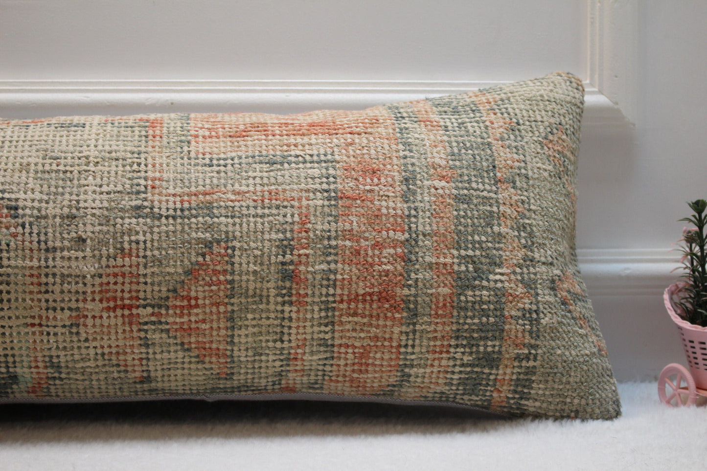 Beige Vintage Turkish Rug Pillow: Long Lumbar Pillow Cover (12x36 in)